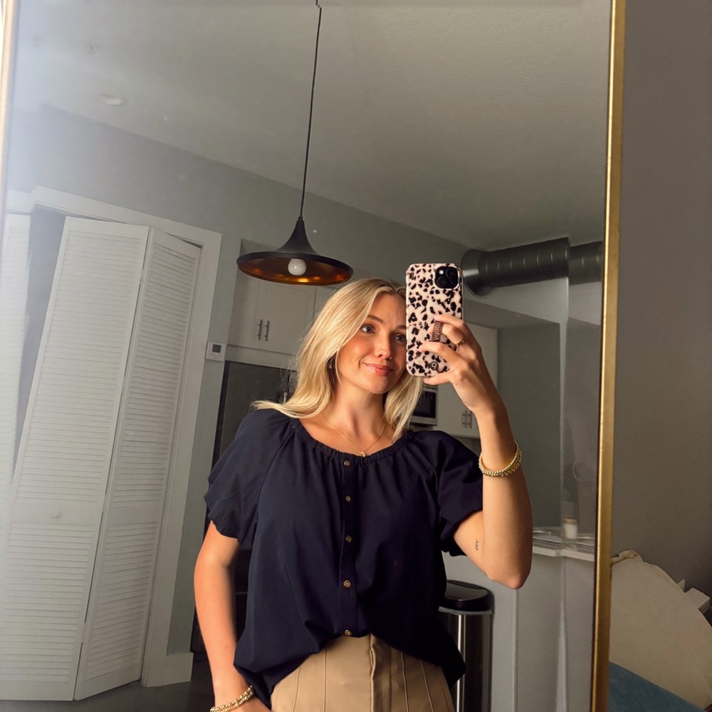 Ann Taylor Navy Bubble Sleeve Button Top